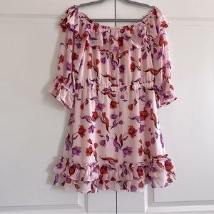 Pink floral off shoulder mini cocktail ruffle dress